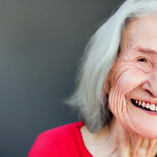 Image similar to an old woman smiling. she has a thin transparent oxygen tubing under her nose