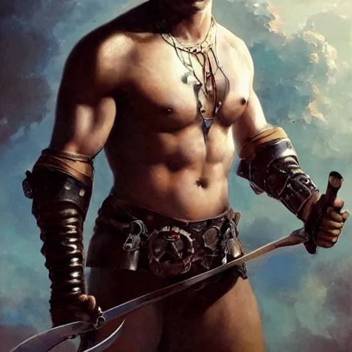 Image similar to young warrior marching toward the viewer, male, muscular, blue eyes!!!!, straight nose!!!, detailed face, exposed thighs!!!, leather, fantasy, medieval, highly detailed, painting by greg rutkowski