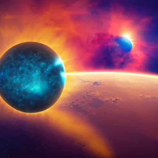 Prompt: the earth kissing the sun, cinematic, octane render, nebula, highly detailed