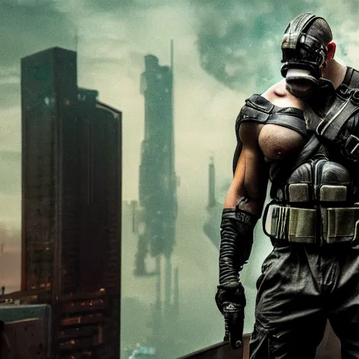 Image similar to bane as a cyberpunk character, 4k, high detail, high-resolution photograph, professional photography, ultra-detail