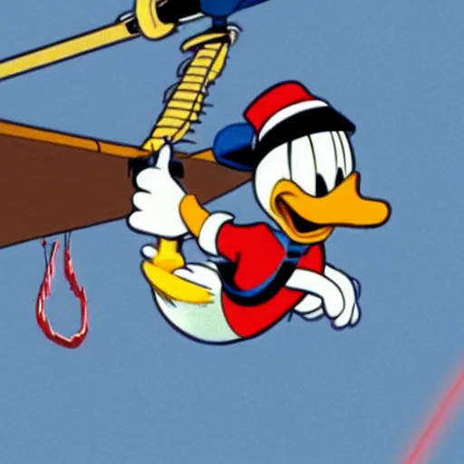 Image similar to donald duck hanging from a chopper with a lightsaber