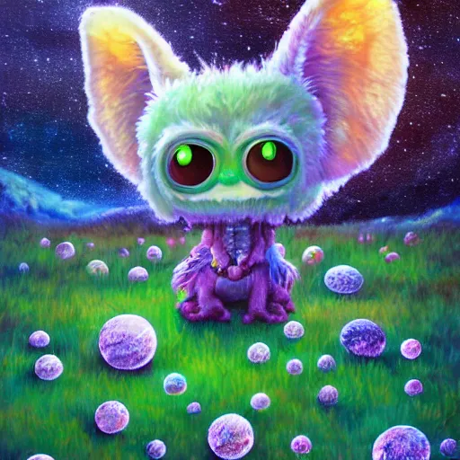 Prompt: cute fluffy aliens with big eyes and big ears in field of weird luminescent plants detailed oil painting 4 k