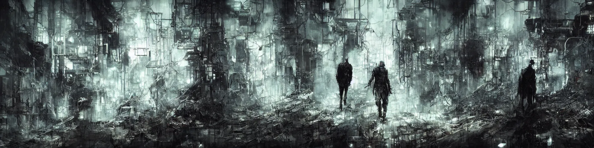 Image similar to lost and alone in an industrial wasteland screaming cyberpunk, wires, machines by emil melmoth zdzislaw belsinki craig mullins yoji shinkawa realistic render ominous detailed photo atmospheric by jeremy mann francis bacon and agnes cecile ink drips paint smears digital glitches glitchart