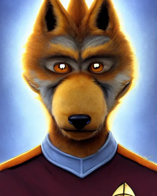 Image similar to painting of anthromorphic male dogman wolfman in starfleet uniform, star trek, zootopia, fursona, furaffinity, 4 k, deviantart, furry art, very expressive detailed face, gaston bussiere, craig mullins, jc leyendecker, gustav klimt, artgerm, greg rutkowski, alphonse mucha