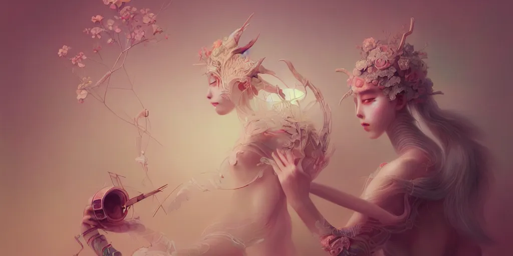 Prompt: breathtaking delicate detailed concept art painting creature, by hsiao - ron cheng, bizarre compositions, exquisite detail, pastel colors, ornate background, 8 k