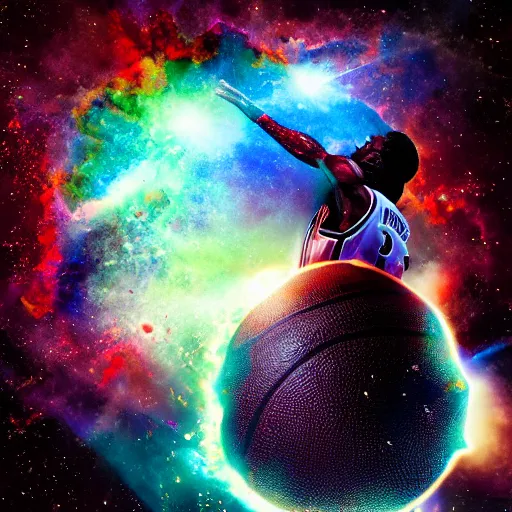 Image similar to a player dunking a basketball depicted as an explosion of a nebula