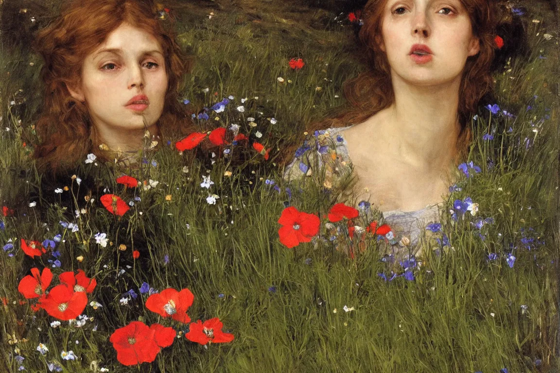 Prompt: John Millais. Close up of apathic pale beautiful Ophelia horizontal flat in a dark shallow stream with open mouth. Moor. She is in the lower third of the picture. Scary dark forest, flowers are everywhere. Golden brown dress with vibrant details, light dark very long hair. Poppies, daisies, pansies. Naturalistic strong vibrant green colors. Fine brush strokes. Mysterious and realistic. Colors very saturated, dark green, rich red, cool blue The forest is littered. 85mm. Dark Background