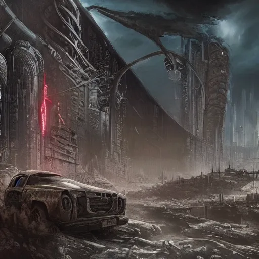 Prompt: post nuclear wasteland, cyberpunk apocalypse doomsday machine, fantasy concept art, hyper realistic illustration, symetrical complex fine detail, 8 k, sinister, artstation, gothic painting