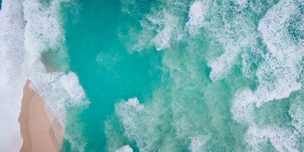 Image similar to arial shot of the beach with waves rolling in, azure blue water, white sand, slight grain