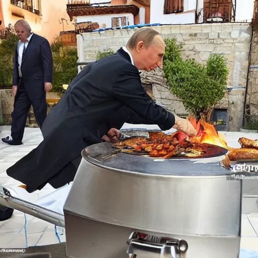 Image similar to Vladimir Putin being cooked on a rotisserie in Spain