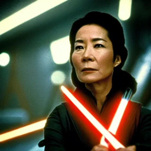 Image similar to portrait of michelle yeoh playing as luke sywalker in star wars ( 1 9 7 7 ) sharp focus, shallow depth of field, 4 k editorial photograph, cinematic lighting