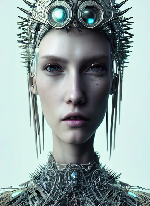 Prompt: portrait of an absurdly beautiful, graceful, sophisticated, fashionable cyberpunk mechanoid, hyperdetailed illustration by irakli nadar and vania zouravliov, matt wisniewski style, intricate linework, white porcelain skin, faberge headdress, agate spikes, unreal engine 5 highly rendered, global illumination, radiant light, detailed and intricate environment