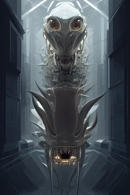 Image similar to professional concept art symmetrical portrait of a horrendous mechanical predatory species in a dark room by artgerm and greg rutkowski. an intricate, elegant, highly detailed digital painting, cubism, concept art, smooth, sharp focus, illustration, in the style of cam sykes.