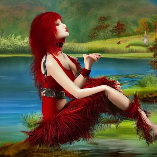 Prompt: harpy, red feathered wings, young woman, wearing Inka clothes, sad expression, sitting at a pond, mountainous area, trees in the background, trending on artstation