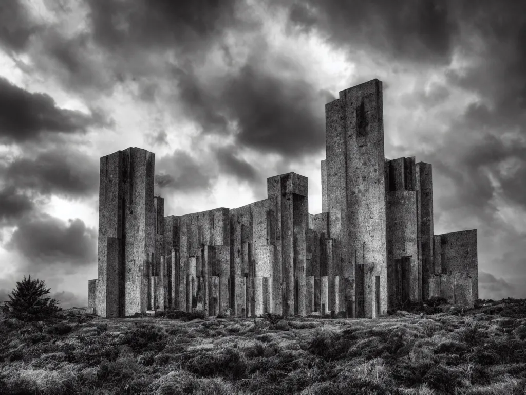 Image similar to photo of a brutalist cathedral built over a rocky hill, in the middle of a storm. realistic clouds. impressive, magical, very atmospheric, cinematic, deep, very high complexity, stunning, dramatic masterpiece, chiaroscuro, romantic, very detailed. 4 k