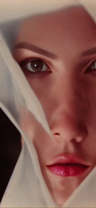 Image similar to filmstill photography of female face behind with white translucent blanket