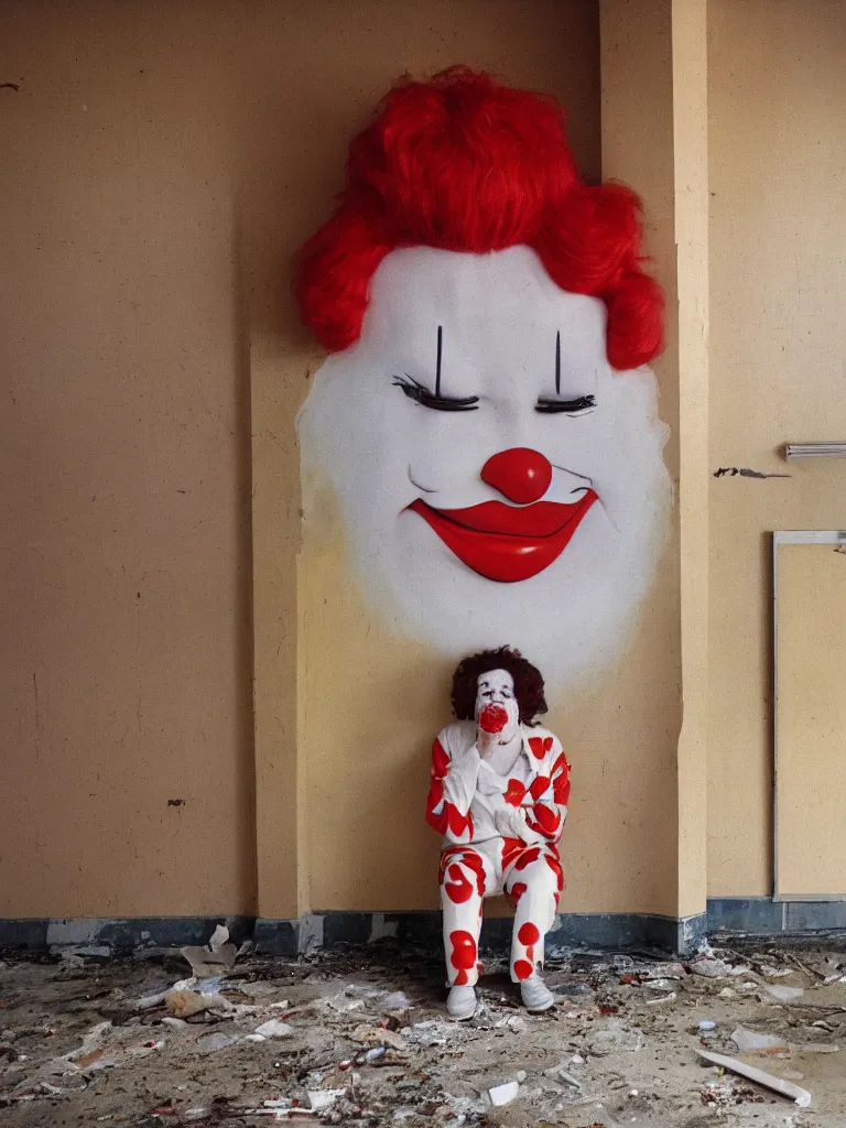 Image similar to a long shot of a crying ronald mcdonald sitting in the corner of an abandoned mcdonald's in 1 9 8 5 during golden hour.