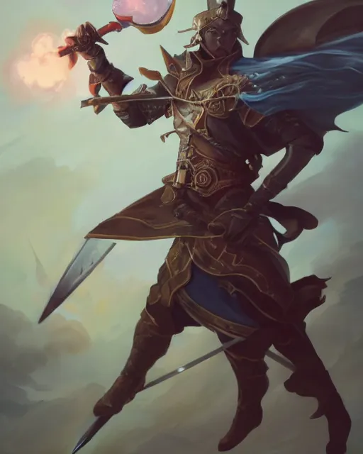 Image similar to action portrait of a magic knight fighting while casting spells with his swords, 4K trending on artstation by peter mohrbacher