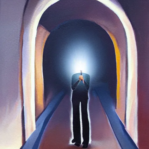 Image similar to a man holding a light at the end of a tunnel, oil painting
