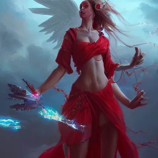 Image similar to beautiful girl warrior in red dress, casting magic spell holding electricity, angel, magic storm and thunder clouds, fantasy, magic the gathering, hyper detailed, 3 d render, hyper realistic detailed portrait, peter mohrbacher, wlop, ruan jia