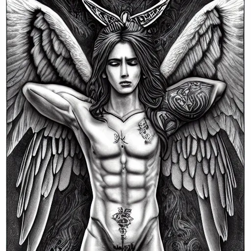 Prompt: beautiful androgynous fallen angel with tattoos on his body being cast from heavens, intricate, hd, high detailed, 4 k, art by grey rukowski