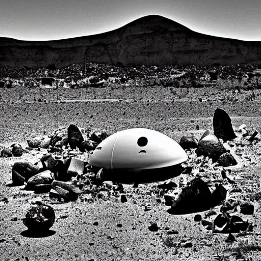 Image similar to crashed burning UFO broken flying saucer in pieces strewn across a rocky desert, with a sad Roswell grey alien trying to repair his destroyed spacecraft in the desert, crashed smoking UFO, crashed bent and broken Flying Saucer, cactus and rocks in the background, dusk, Nikon photo