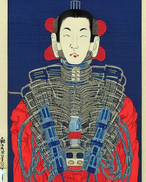 Prompt: Hiroshige portrait of a robot saint made of cables and robotic pod