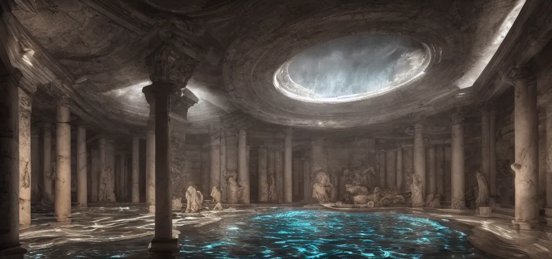 Image similar to dramatic photo of underground roman interior, ambient occlusion, glowing pool of water, ancient marble statues, raytracing, unreal engine, dramatic lighting, detailed,, global illumination, god rays, 3 d artstation by greg rutowski and jessica rossier