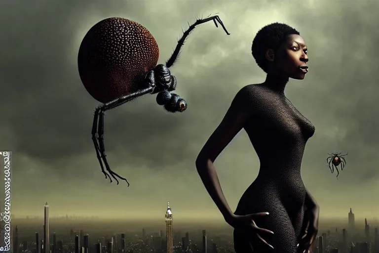 Image similar to realistic detailed photorealistic portrait movie shot of a beautiful black woman with a giant spider, dystopian city landscape background by denis villeneuve, amano, yves tanguy, alphonse mucha, ernst haeckel, david lynch, edward robert hughes, roger dean, cyber necklace, rich moody colours, cyber patterns, wide angle