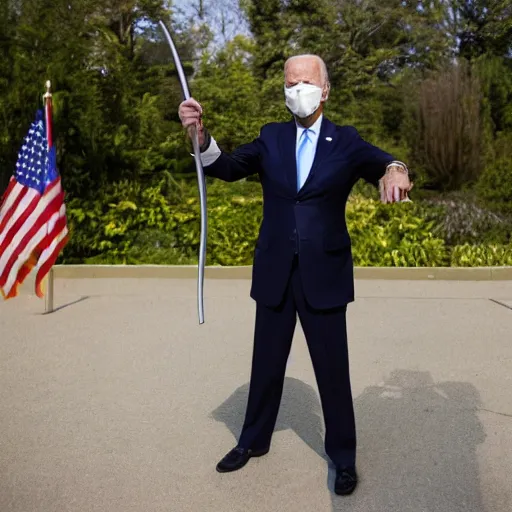 Prompt: Joe Biden holding a katana preparing for battle, full body pose, AP photography