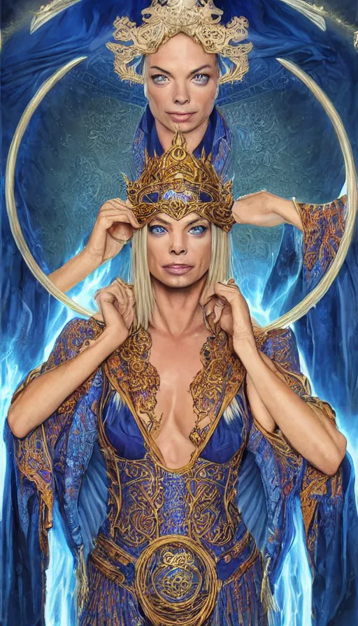 Prompt: jaime pressly as a sorceress, passionate, seductive, sweaty, intricate dressed in ornate blue robes and staff, lovely, intricate, highly detailed, digital painting, artstation, concept art, karma sutra, smooth, sharp focus, illustration, unreal engine 5, 8 k, art by artgerm and greg rutkowski and alphonse mucha