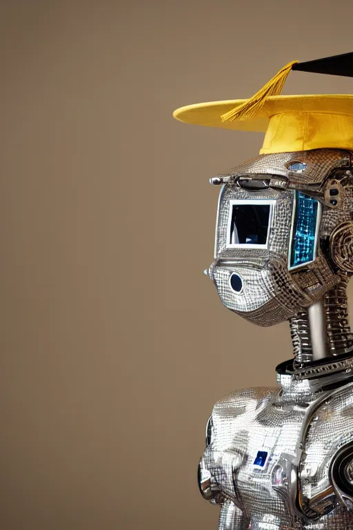 Image similar to a portrait photo of a extremely detailed robot wearing a graduation hat standing in a grand hall. nikon z 9. 5 0 mm, f / 1. 8 photography.