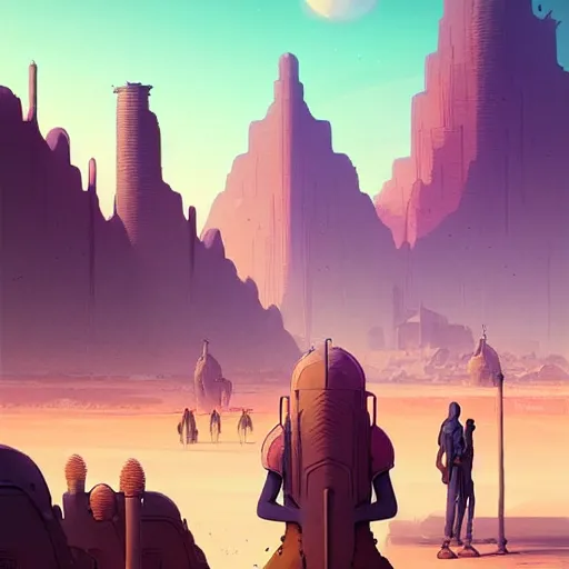 Image similar to professional concept art of an desert city in a cool color palette by artgerm and greg rutkowski. an intricate, elegant, highly detailed digital painting, concept art, smooth, sharp focus, illustration, in the style of simon stalenhag, wayne barlowe, and igor kieryluk.