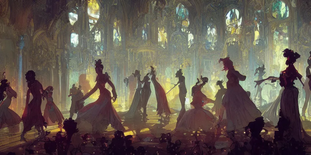 Image similar to beautiful render of a ballroom, concept art, some dancers, at night, medieval!!, bright, artstation, detailled, manga!, fantasy! by greg rutkowski, by alphonse mucha