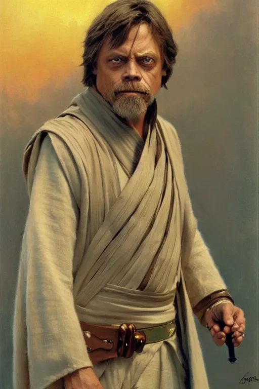 Prompt: detailed portrait of a mark hamill dressed as jedi, painting by gaston bussiere, craig mullins, j. c. leyendecker