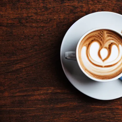 Prompt: superellipse coffee cup with latte art shaped like an ampersand. on a modern table with light coming through shaded windows. DSLR photo