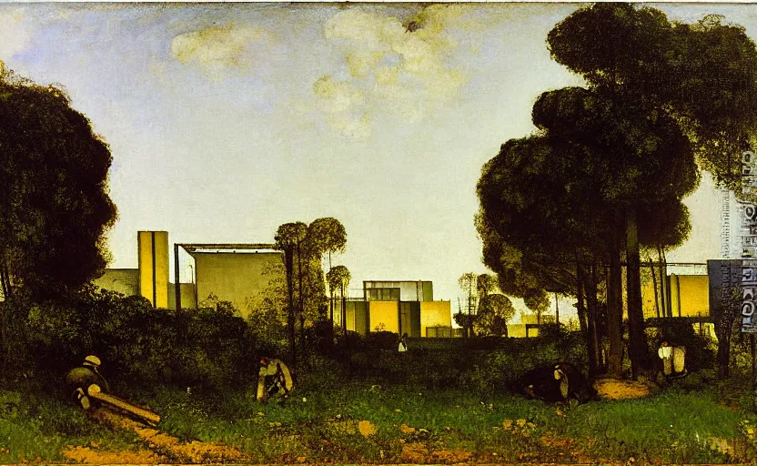 Image similar to geometric painting of industrial buildings surrounded by undergrowth by gustave courbet