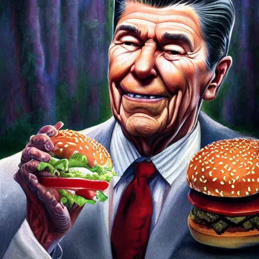 Prompt: surreal grotesque kitsch low-brow portrait of Ronald Reagan emerging from deep shadows eating hamburgers, extra onions and ketchup, luscious patty with sesame seeds, figure in the darkness, serving big macs, painted by John Singer Sargant, Adrian Ghenie, style of William Blake, watercolor, highly detailed, 8k, trending on artstation