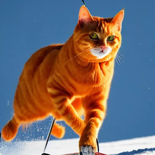 Image similar to a fully orange tabby cat skiing