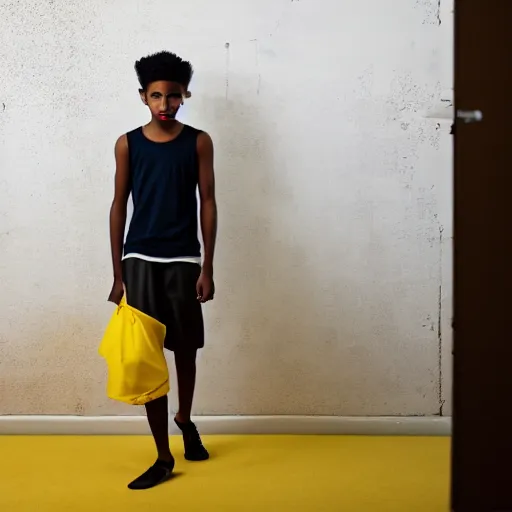 Image similar to black teenage boy with a long nose wearing a white tank top, walking in a nostalgic room with yellow walls and brown carpet