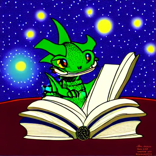 Prompt: dragon reading a book underneath the stars, digital art