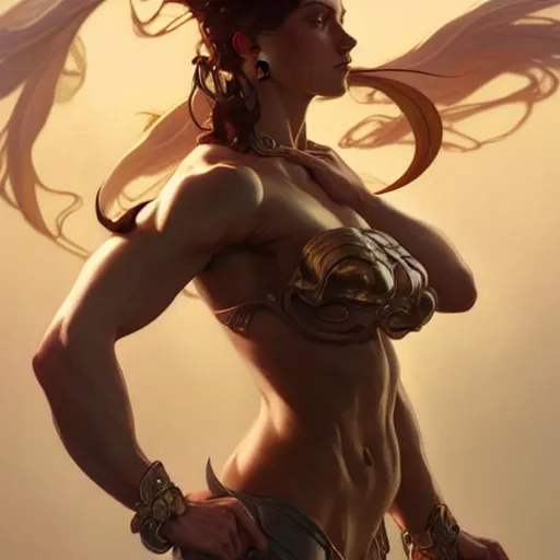 Prompt: female, muscular upper body, D&D, fantasy, intricate, elegant, highly detailed, digital painting, artstation, concept art, smooth, sharp focus, illustration, art by artgerm and greg rutkowski and alphonse mucha