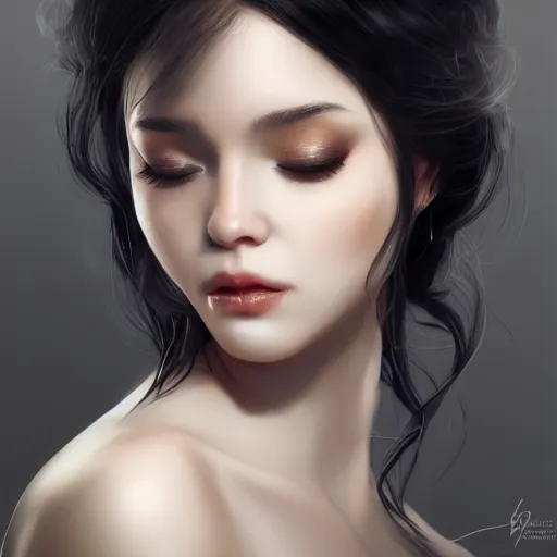 Image similar to a beautiful and elegant queen by wlop, black hair, closeup headshot, 8 k, high detailed, style of ghost blade, ultra - realistic painting, trending on artstation, cg rendering.