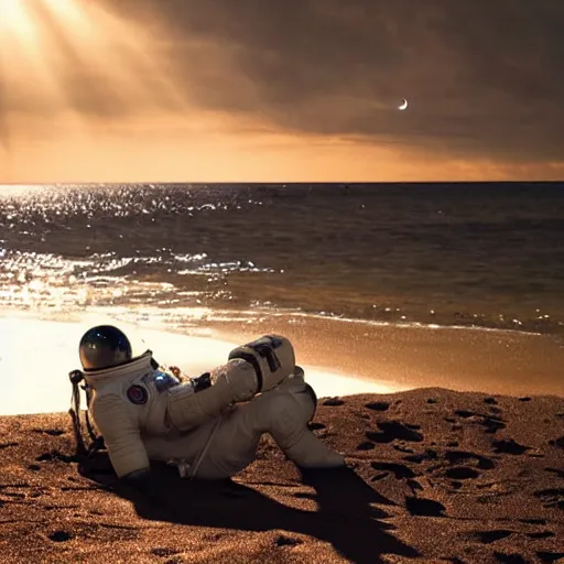 Image similar to an astronaut relaxing on the beach, dramatic lighting, cinematic, extremly high detail, photorealistic, cinematic lighting, nasa footage