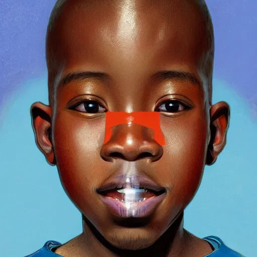 Image similar to colourful upper half portrait of an african boy with sliver teeth grillz, art by hsiao - ron cheng & alphonse mucha, highly detailed, digital painting, ray tracing, concept art, illustration, smooth sharp focus, intricate, symmetry, artstation,