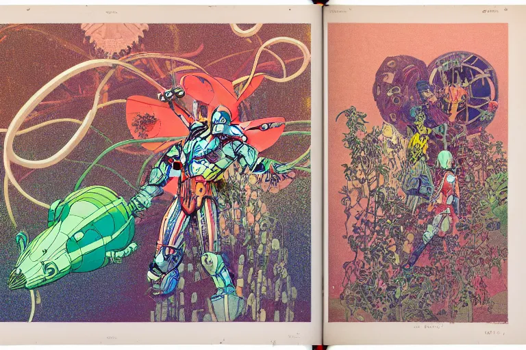 Image similar to risograph grainy drawing vintage sci - fi, satoshi kon color palette, gigantic gundam full - body covered with iridescent worms and plants 1 9 6 0, kodak, with lot tentacles and exotic flowers, natural colors, codex seraphinianus painting by moebius and satoshi kon and dirk dzimirsky