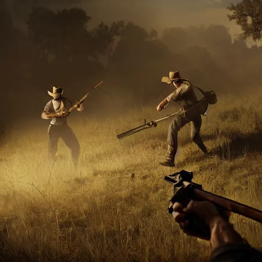 Image similar to a digital painting of a gunfight in hunt showdown, western era, hyper realistic, horror, back lighting, luisiana, in the style of greg rutkowski,