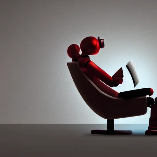 Image similar to futuristic lonely matte brown and red full-body humanoid robot with two huge round expressive sad LED eyes and open rectangular mouth sitting on a large comfortable cushioned 1950s vintage recliner reading a newspaper. open newspaper. Cinematic Lighting, Cinematic Movie Photograph, Arri Alexa, Extremely Detailed, smooth, very very clean, 8K, octane render, maya render, unreal engine, trending on artstation, DSLR, excellent composition, center frame