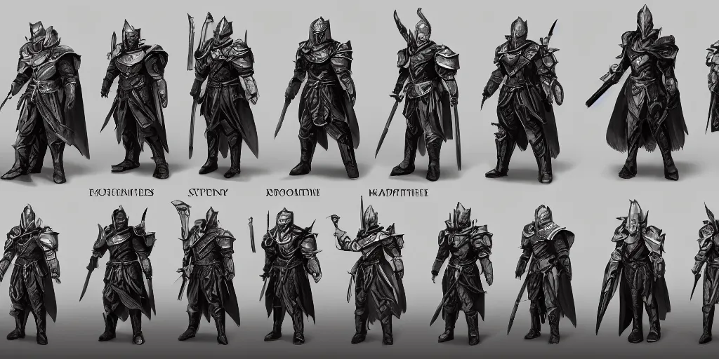 Image similar to RPG game character sheet for a character that looks like a knight, wearing armor, HDR, 4k, 8k, extremely detailed, final fantasy style, includes different angles of the character to use when they turn in the game