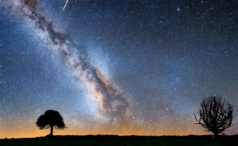 Image similar to night photography of the milky way with a tree in foreground, highly detailed, photorealistic